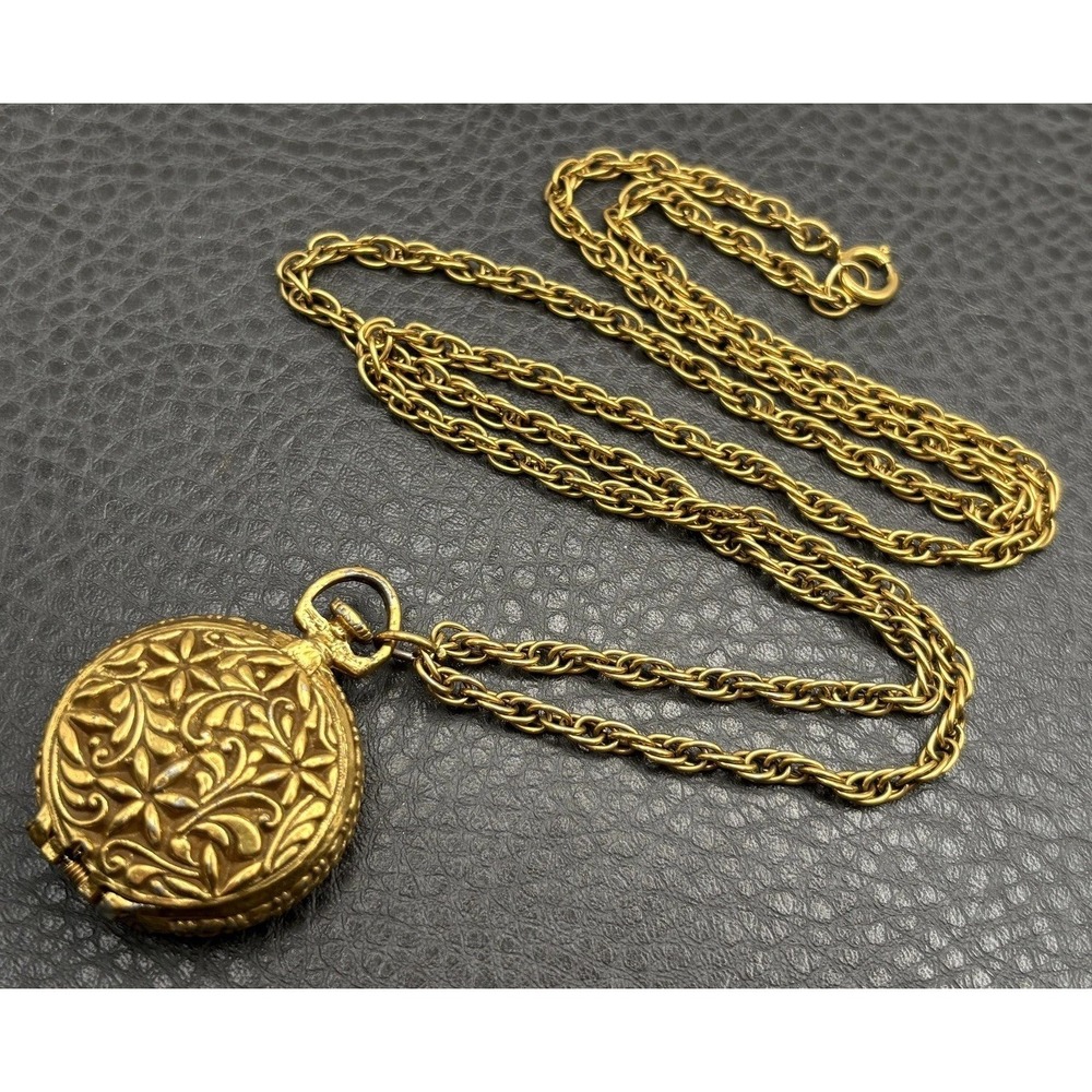 VTG Filigree Faux Pocket Watch Locket Pill Box Pendant Necklace Gold Tone 30"